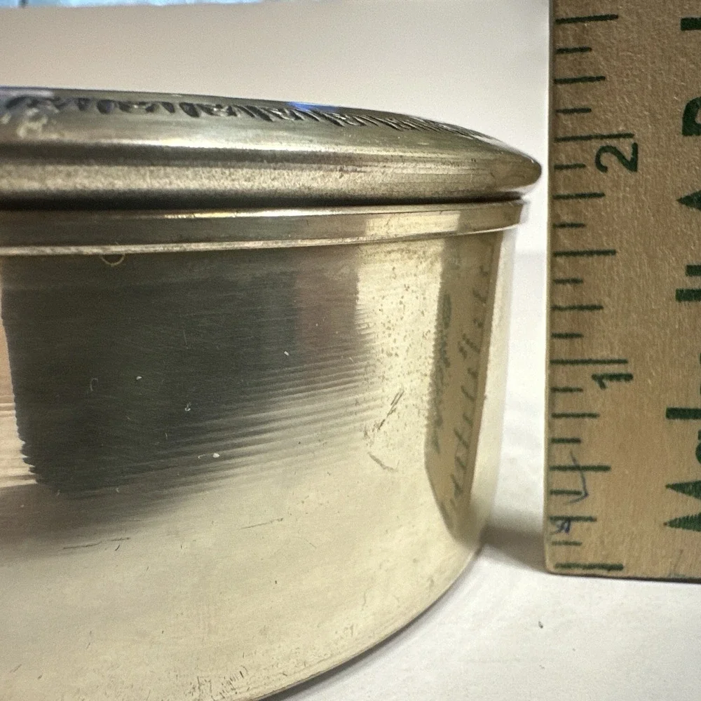Vintage Round Silver Trinket Box With Porcelain Lid 4 1/2